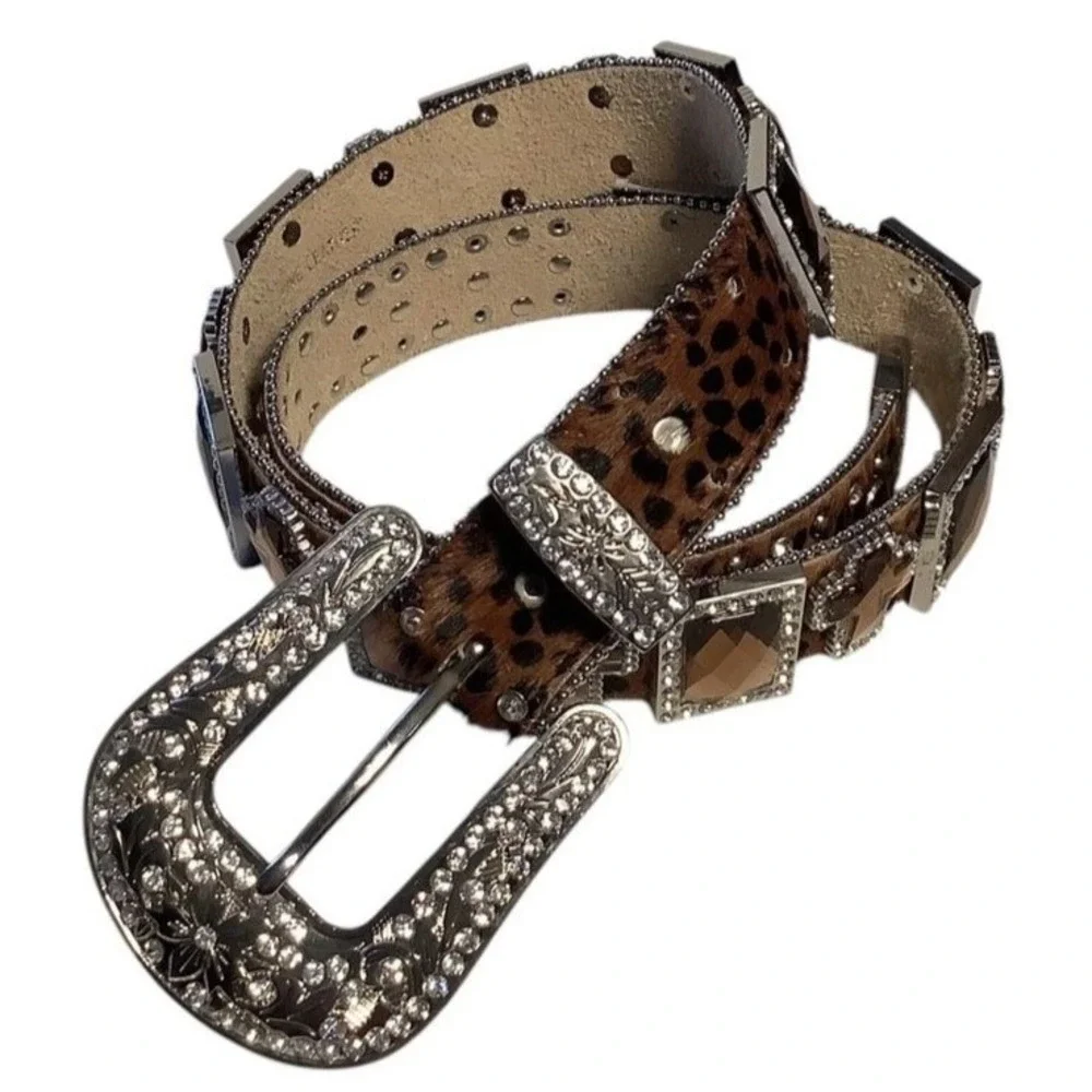 Nocona Western Women's Belt Leopard Leather Rhinestone Crosses Bling Med-SKU:055